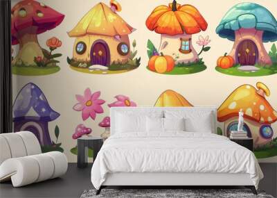 Cute little houses with windows and doors made from mushrooms, pumpkins, and flowers - cartoon modern illustration set of fantasy forest wonderland homes for gnomes and elves. Wall mural