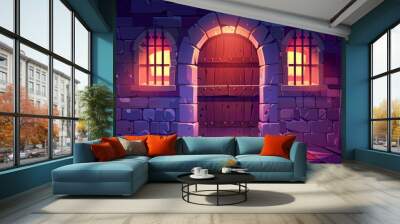 Dark medieval castle interior with moonlight falling on wood arched door and barred window shadow on stone wall. Cartoon illustration of ancient palace entrance. Wall mural