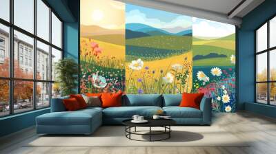 Decorative flower posters, spring and summer nature backdrops. Blossoms, hillsides, banners of the countryside in color. Modern illustrations in flat modern format. Wall mural