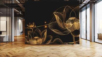 Decorative gold lotus flower background modern illustration. Natural botanical elegant flower with gold lines. Design illustration for wall decor, wallpaper, covers, banners, posters, greeting cards, Wall mural