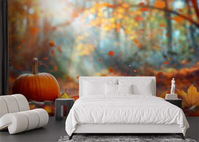 Defocused sunset background with pumpkins on red leaves in autumn forest Wall mural