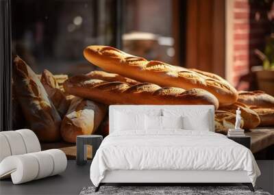 Delicious, freshly-made baguettes on display in the bakery. Natural light near a window. Generative AI. Wall mural