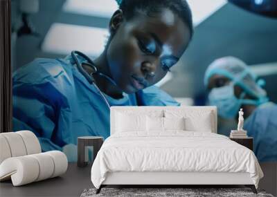 Description: Black female doctor prepares for surgery in the operating room, supported by a nurse Wall mural