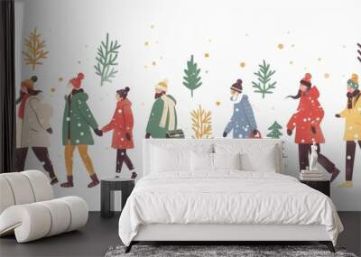 Design of a flat winter season background with people characters Wall mural