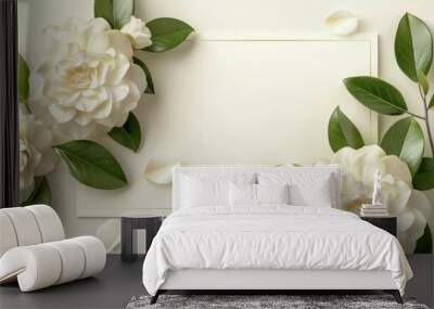 Design template for floral wedding invitations with white semi-double camellia flowers and leaves Wall mural