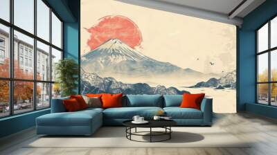 Detailed landscape background with Japanese pattern modern. Vintage style mountain template with curve elements. Wall mural