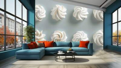 Detailed modern illustration of whipped cream swirls isolated on white background, perfect for decorating cakes, pies and cupcakes. Soft maringue foam and creamy vanilla topping for baked goods. Wall mural