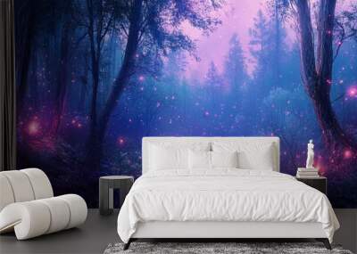 Digital art illustration. Colorful abstract landscape with a forest and glowing lights. Wall mural