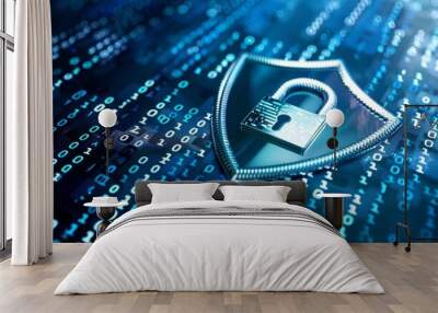 Digital shield and padlock symbolize cybersecurity on binary code background. Wall mural