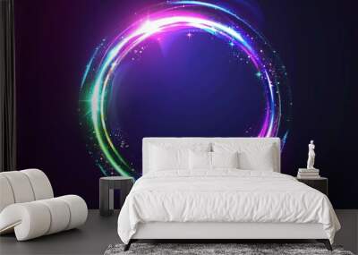 Digital template with bokeh light effect, sparkle glow, magic flare, neon swirl line, and isolated energy lens element. Blue, green, and purple wave trail with a shiny overlay. Wall mural