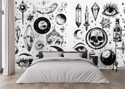 Doodle esoteric, boho mystical hand drawn elements Wall mural