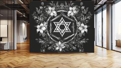 Dotwork composition of occult symbols. Abstract mystic elements, flower wreath, and sacred triangle. Wall mural