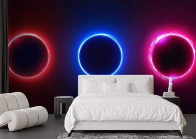 Eclipse neon light effect. Moon and sun covering each other with a round flare. Realistic modern illustration of space circle halo glow. Blue and pink abstract luminosity ring and crescent. Wall mural