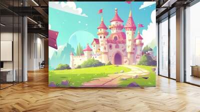 Fairytale princess castle background with signboard arrow. Fantasy king palace background with tower scene. Fantastic game nature environment. Wall mural