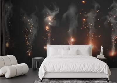 Fireworks flare, sparker, petard, sparkler, or firework set. Isolated with scattering particles on black or transparent backgrounds. Wall mural