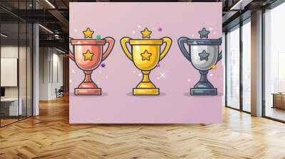 First place champion trophy cup in flat style. Modern flat outline icon set. Gold, silver, and bronze trophy cartoon icons. Wall mural