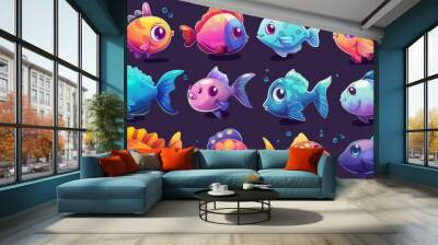 Fish cartoon character set. Illustration of marine or aquarium sea creatures. Funny aquatic saltwater animals with smiling faces. Wall mural