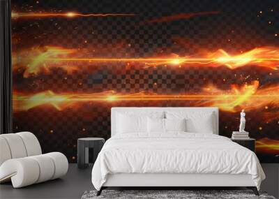 Flame streaks with sparks, abstract bright glowing lines. Modern realistic set of flame streaks, horizontal straight lines with orange light and sparkles on transparent background. Wall mural