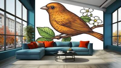 Flowers in a garden with a bird in a white background. Wall mural