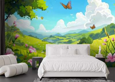 Flowers in summer valley. Modern illustration of beautiful spring sunshine scene, with butterflies flying above green grass on hills, trees, and bushes, fluffy white clouds in blue sky. Wall mural