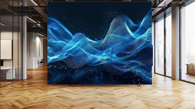 Flowing blue abstract waves with glowing particles on a dark background. Perfect abstract background for designs. Wall mural