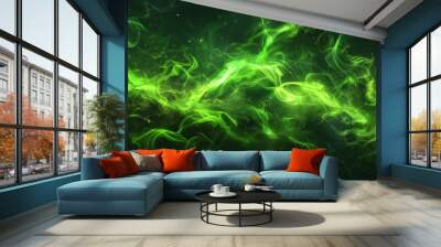 Flying sparks in flame panoramic texture. Neon festive witchcraft power with steam and blazing for wizard fireplace. Green fire effect overlay with embers and smoke realistic background. Wall mural