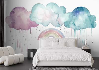 For a sweet and childish design, this seamless wall paper has hot air balloons, rainbows, and mountain ranges. It is made from blues, beiges, and pale yellows. Wall mural