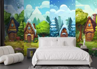 Forest house with four seasons. Cartoon modern set of rustic cabin cover with snow, surrounded by trees and flowers. Path leads to mansion in wooded countryside. Wall mural