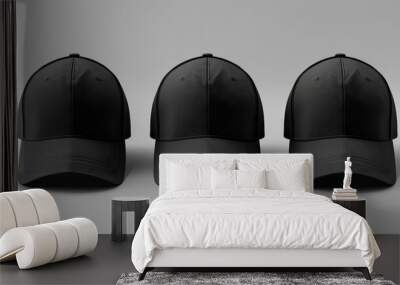 Front and back of a mockup of a black baseball cap on a grey background. Wall mural