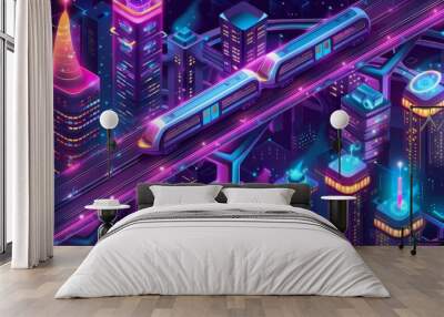 Future city isometric banner with speed trains riding on bridges with highways and glowing skyscrapers around. Modern illustration of futuristic cityscape with neon glow skyscrapers illumination. Wall mural