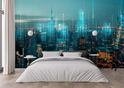 Futuristic blue digital cityscape with glowing financial graphs. Wall mural