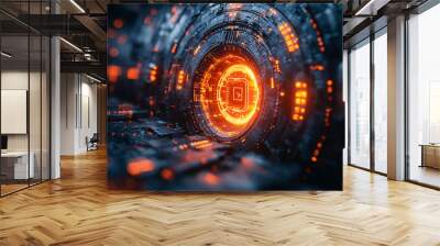 futuristic sci-fi orange glowing digital interface tunnel 3d render Wall mural