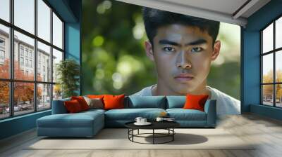 A close-up portrait of a young Asian man wearing a casual t-shirt, with a blurred background. Wall mural