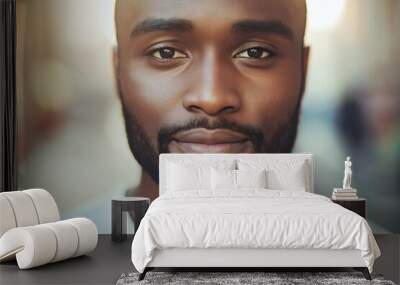 A close-up portrait of a young black man wearing a casual t-shirt, with a blurred background. Wall mural