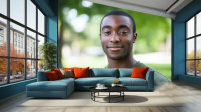 A close-up portrait of a young black man wearing a casual t-shirt, with a blurred background. Wall mural