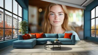 A close-up portrait of a young white woman wearing a casual t-shirt, with a blurred background. Wall mural