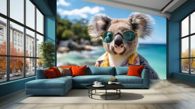 A close-up portrait photo of a cute fashionable koala wearing sunglasses and a Hawaiian shirt, with a beach in the background. Vacation concept. Wall mural