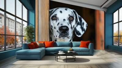 A close-up portrait photo of a Dalmatian dog looking at the camera, isolated against a blurred background. Wall mural