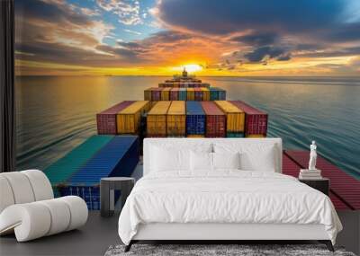 A container ship carrying shipping containers sailing in the open sea at sunset, with a cargo port and ships in the background. A freight transport and global logistics concept. Wall mural