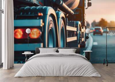 Close-up photo of an industrial truck driving down the highway against a blurred background. A freight transport and global logistics concept. Wall mural