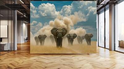 Elephant herd in the African savanna Wall mural