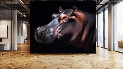 Photo of a hippo isolated against a black background, emphasising the hippo's majestic features. Wildlife and conservation concept, space for copy. Wall mural