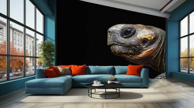 Photo of a tortoise isolated against a black background, emphasising the tortoise's majestic features. Wildlife and conservation concept, space for copy. Wall mural