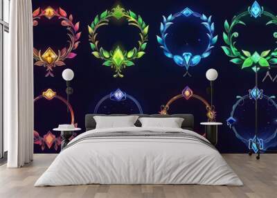 Game level rank avatar frame or menu banner. Cartoon modern set of fantasy decorative metal circle border with different amounts of curling edges and diamonds. Wall mural