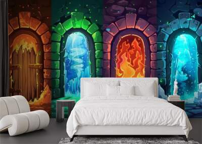 Game portals isolated on a white background. Modern cartoon illustration of a gate to a fairytale land in a cave. Illustration features a wooden arch, orange fire, blue lights, and clouds of smoke. Wall mural