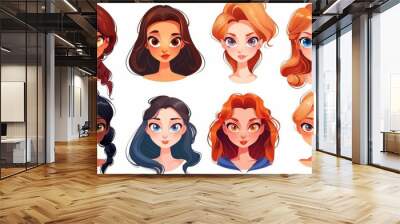 Girls avatars, asian and caucasian female characters with brown, black, or ginger hair, pretty portraits for social networking networks or user profiles on the internet, modern cartoon images Wall mural