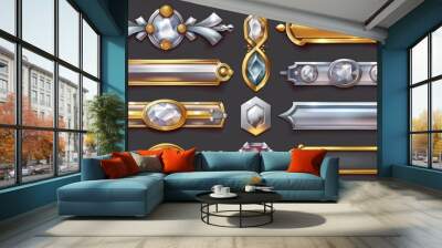 Gold and silver vintage game frames with gems, silver and gold medieval borders, cartoon metallic borders with gemstones, isolated gui design elements. Wall mural