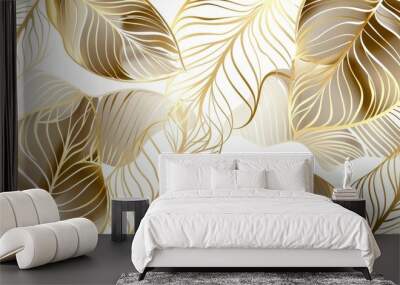 Gold art deco line pattern, luxury leaf floral texture, vintage decor element. White illustration with a jungle ornament. Wall mural