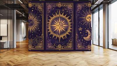 Golden crescent, sun, and star symbols set on the back of tarot cards Wall mural