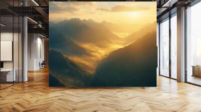 golden sunrise over misty mountain range landscape Wall mural